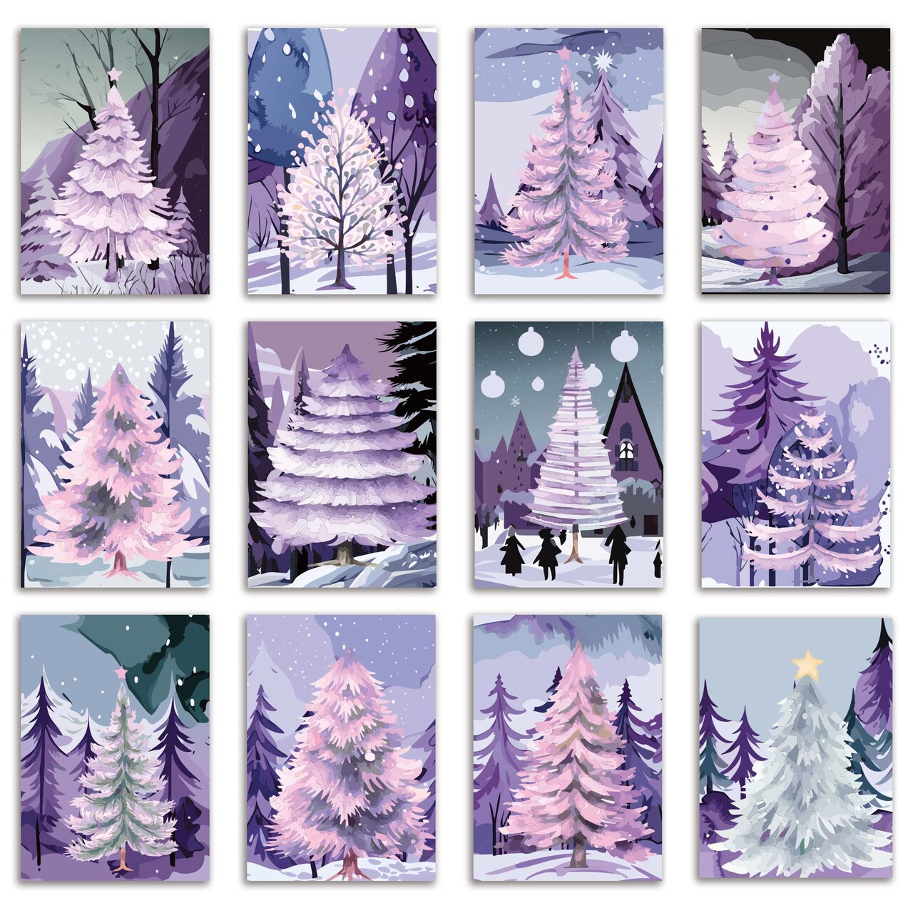 Purple Winter Christmas Greeting Cards Boxed Set – 24 Holiday Notecards Featuring 12 Enchanting Tree Designs, Perfect for Stylish and Serene Festive Wishes